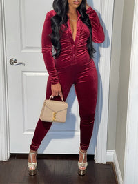 Button-Front Ruched Velvet Jumpsuit