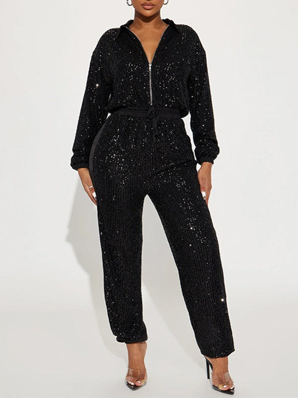 Zip-Front Sequin Jumpsuit