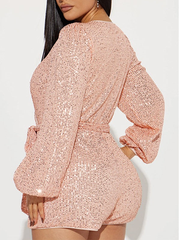 V-Neck Tied Sequin Romper