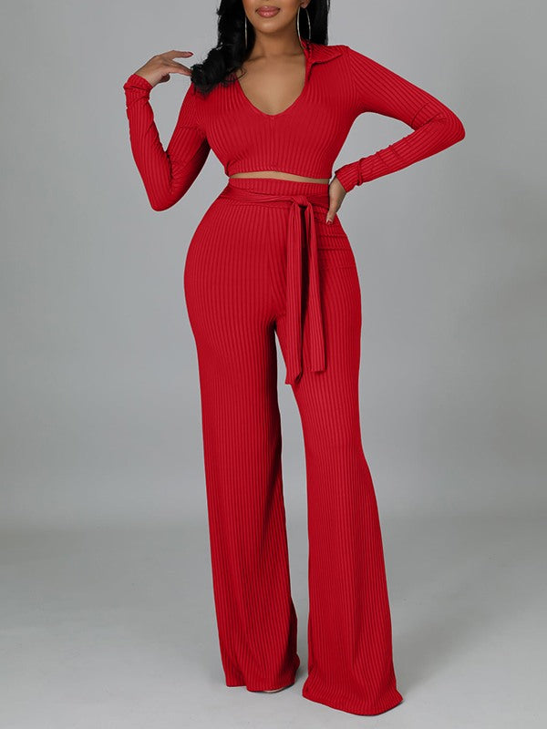 Solid V-Neck Top & Tied Pants Set