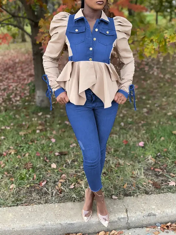 Denim-Combo Puff-Sleeve Shirt